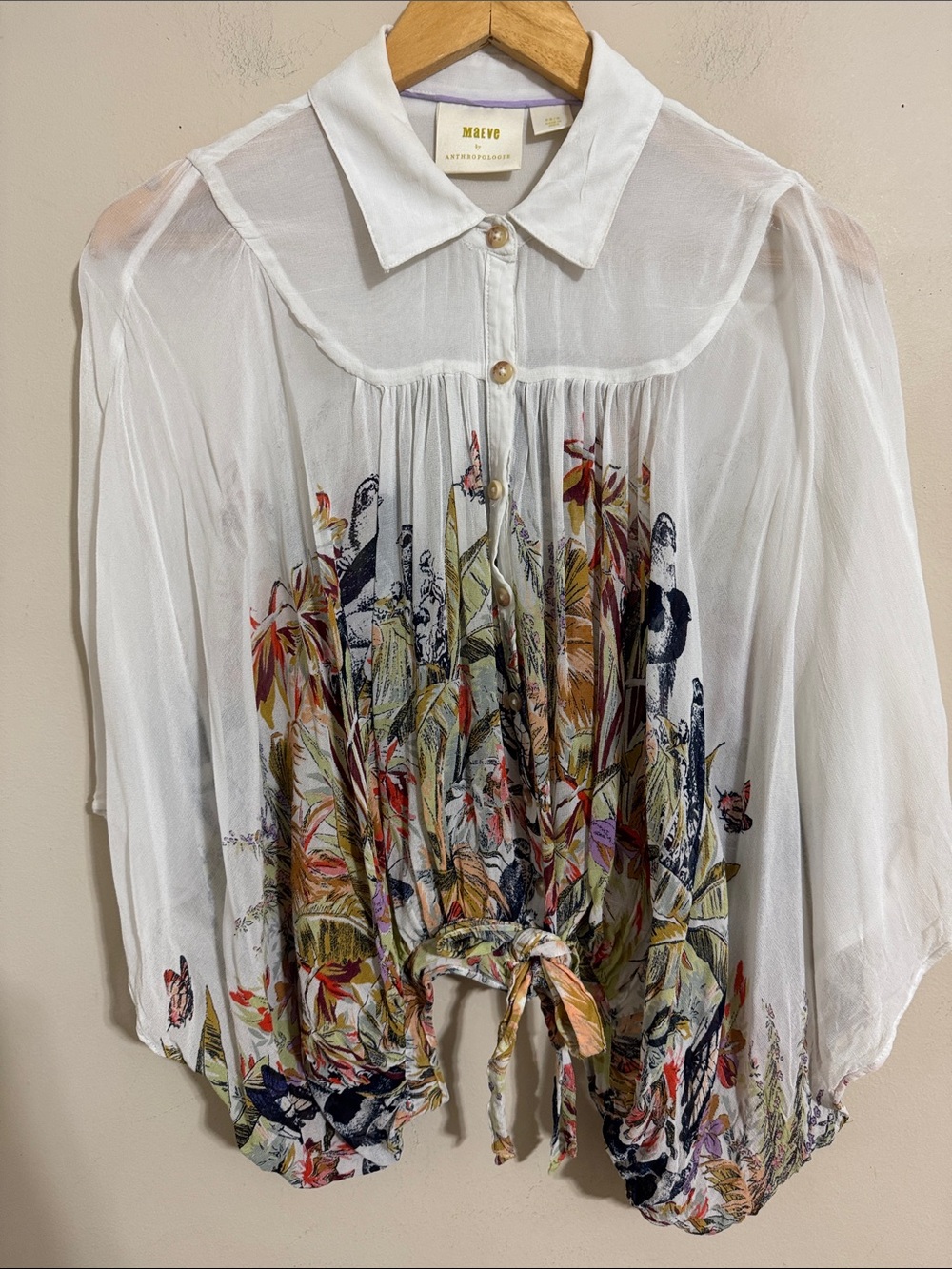 Maeve Sheer Botanical Tie-Hem Dolman Blouse White size XS/S Romantic Boho Garden
